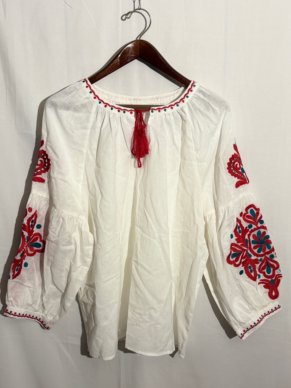 LASCANA NWT Embroidered Boho Peasant Blouse White Red Teal Size 14